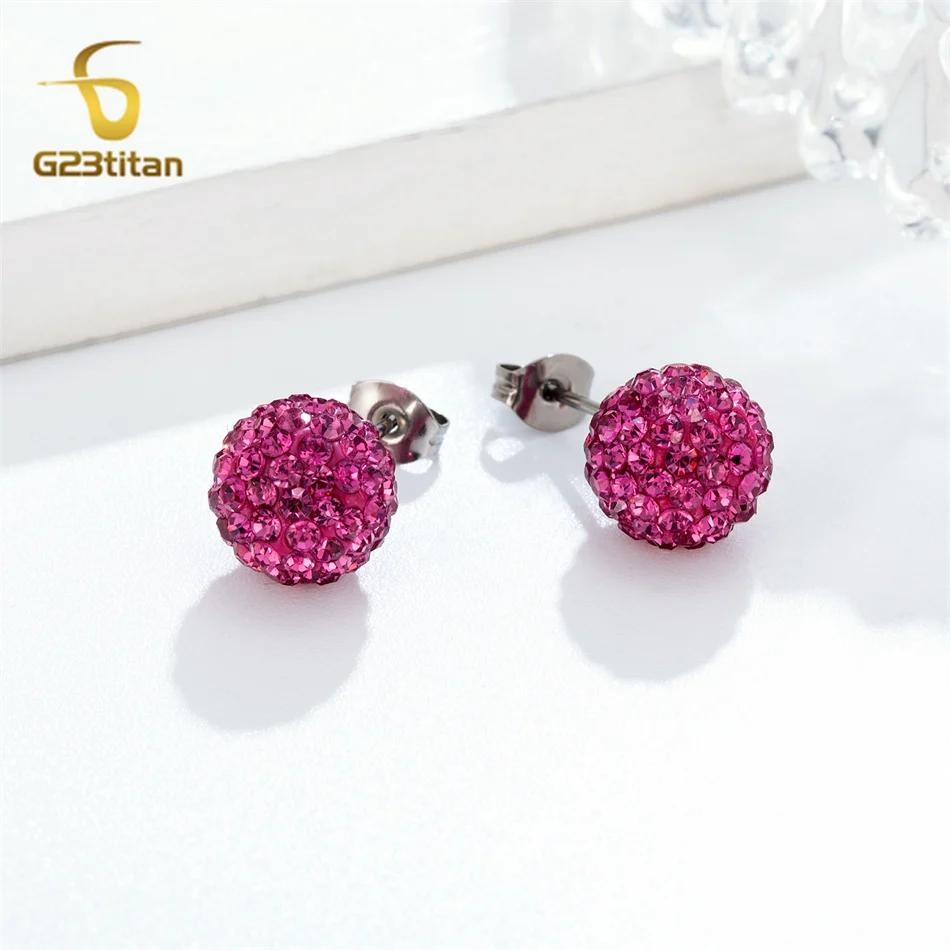 Fuchsia Crystal Clay Stud Earrings for Women Micro Pave Rhinestone Disco Ball Violet Bead G23 Titanium Ear Piercing Jewelry Gift