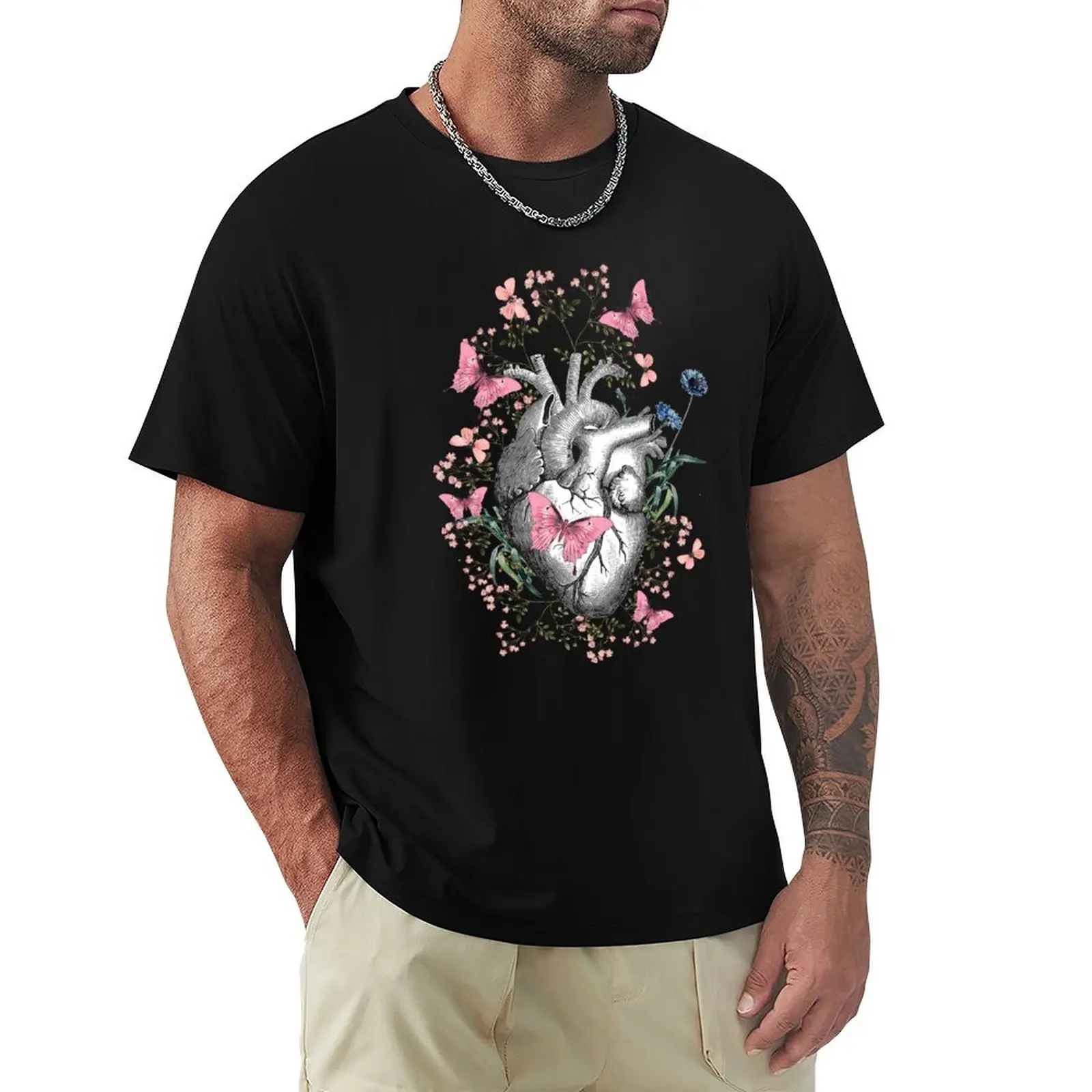 Floral and pink butterflies with Human Heart in love, vintage effect watercolor pink flowers, Heart, anatomical Human he T-Shirt