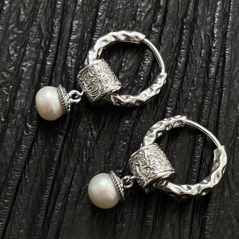 VENTFILLE 925 Sterling Silver Liquid Lava Texture Pearl Earring for Women Design Retro Versatile Jewelry Gift Dropshipping