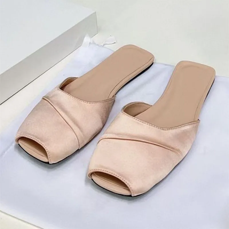 

New Satin Slippers For Women Summer Comfort Peep Toe Flat Shoes Square Toe Slides Women Outdoors Slippers Woman