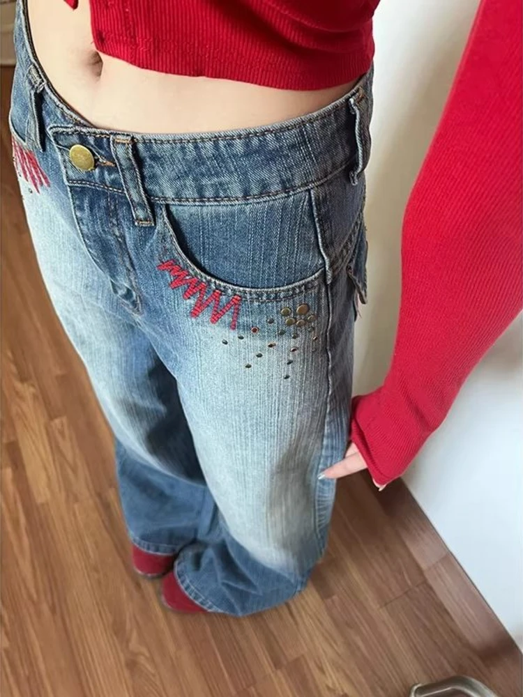 

Ретро-синие джинсы с низкой посадкой и прямым кроем, женские, новинка 2026 года, с бамбуковым дизайном и американской вышивкой, свободные широкие брюки
