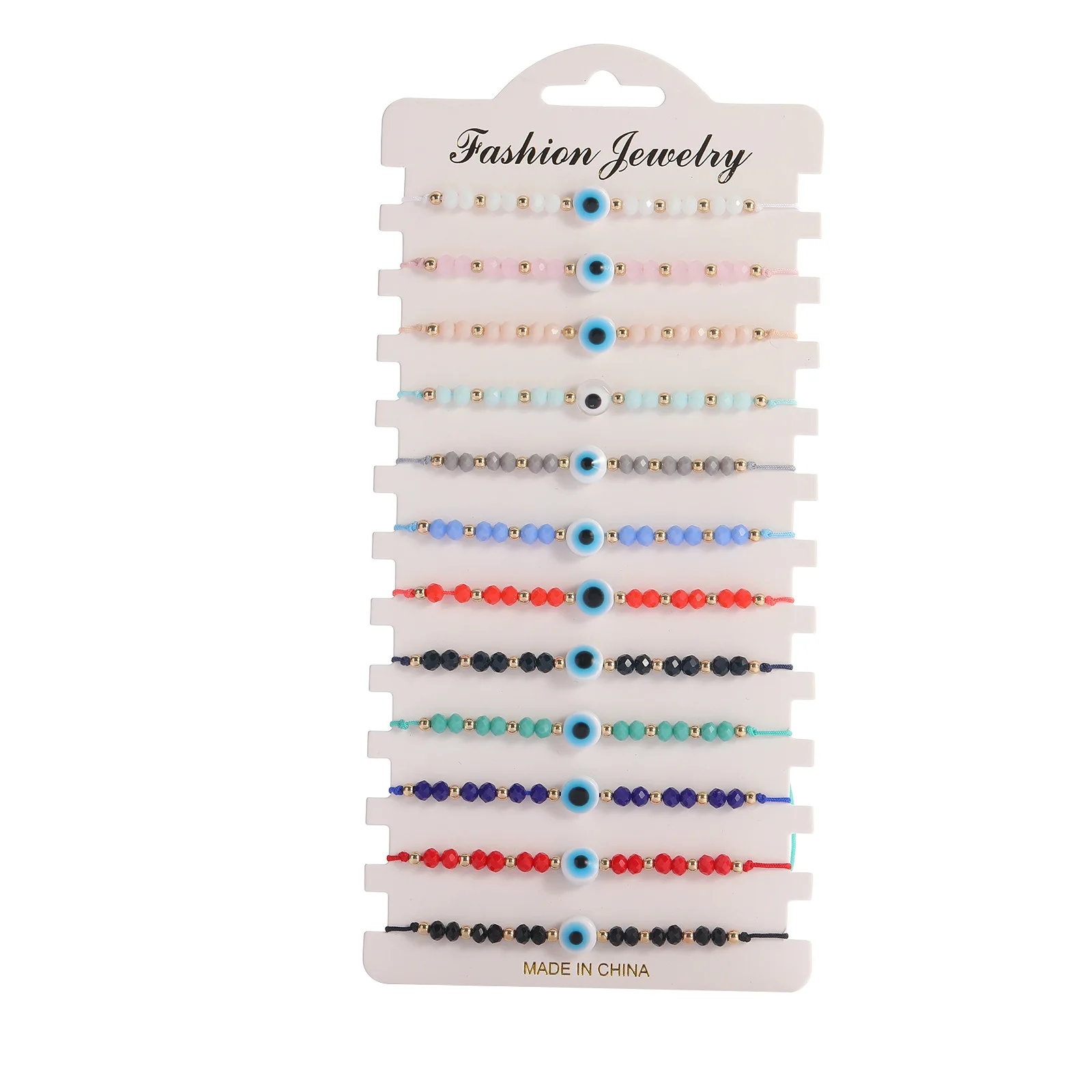 12pcs/Set Wholesale Glass Crystal Round Evil Eye Lucky Bracelet Women Hot Fashion Summer Beach String Braided Jewelry Present