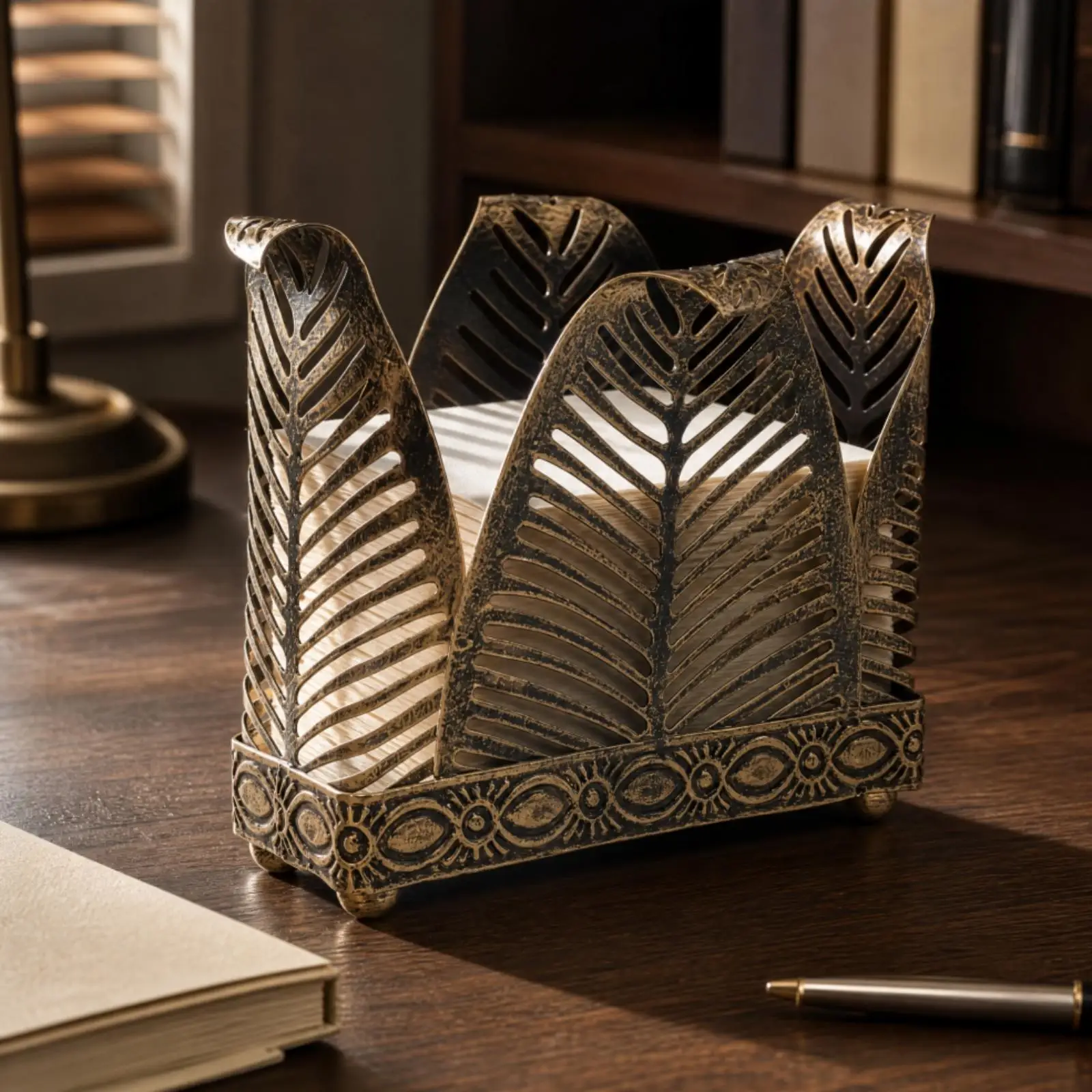 Open Rectangular Napkin Holder with Cutout Patterns Rustic Antique-Style Shiny Tissue Holder with Decorative Base