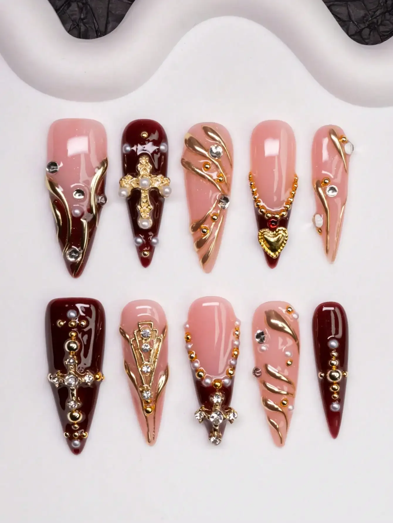 Handmade Almond-Shaped Y2K Style Nails, Spring/Summer, Nude & Brown Color With French Tips, Cross, Star, Asymmetrical Liquid Met