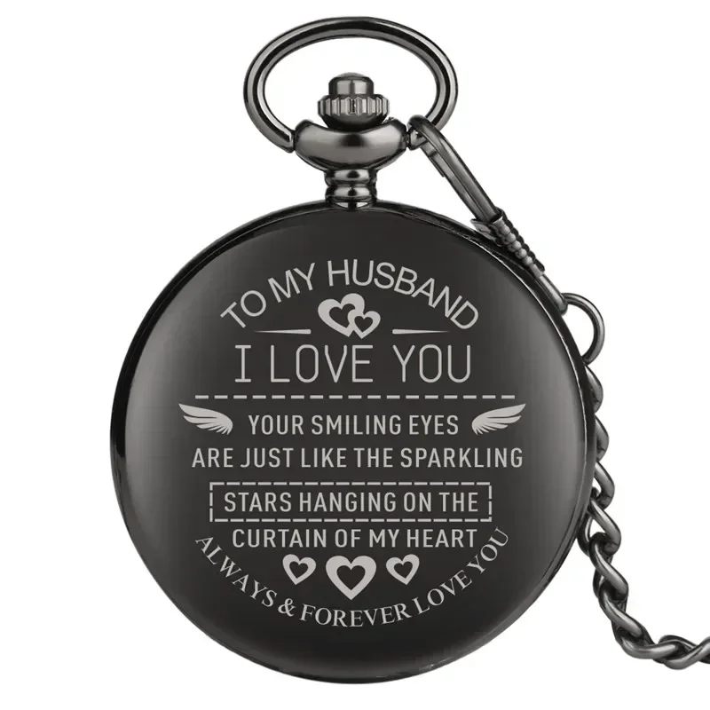 

Steampunk To My Husband Series Men's Pocket Watch Black Quartz Analog Display Clock Pendant Chain Fob Watches Lover Gift