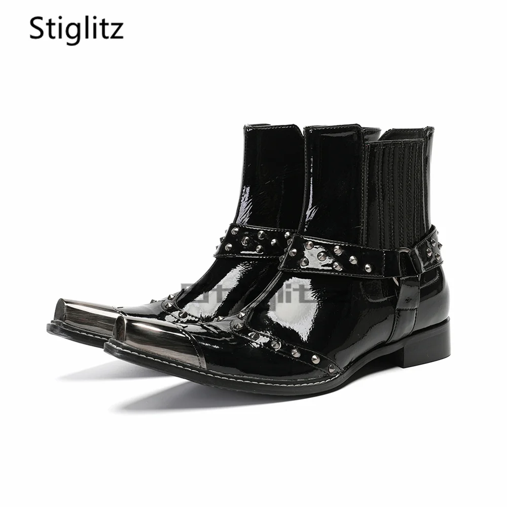 

Men's Burgundy Rivets Chelsea Boots Snake Pattern Buckle Strap Metal Pointed Toe Genuine Leather Ankle Boots Autumn Winter Shoes