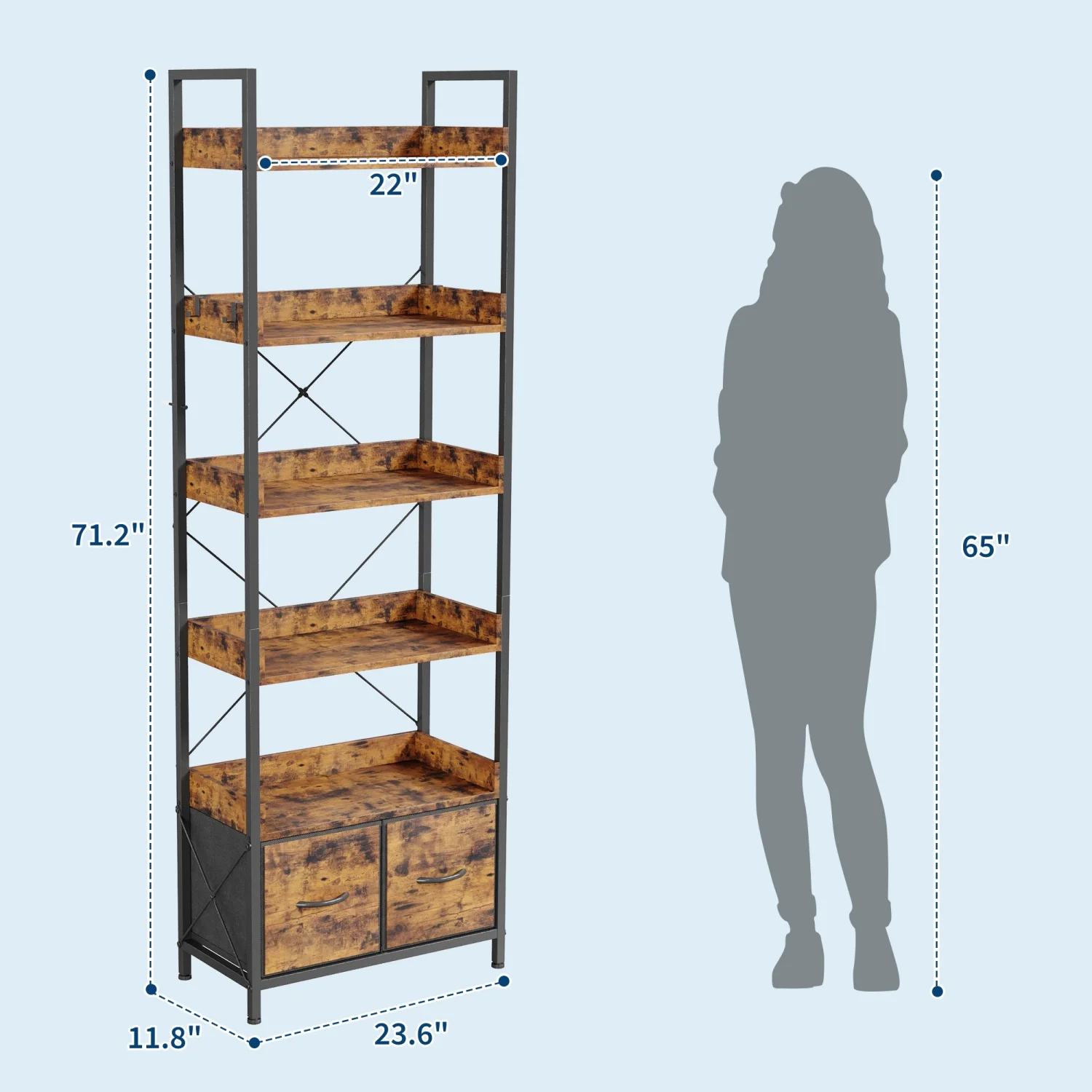 Industrial Modern 6 Tier Tall Bookshelf Freestanding Space Saving Bookcase Organizer with Vintage Fabric Drawer Metal Frame Vintage Wood Display Rack for Bedroom Living Room Home Office Apartment Storage