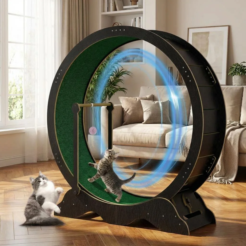 Image of Katzenrad, 114 cm / 45 Zoll großes Trainingsrad für Katzen mit abnehmbarem Teppich, Spielball, Schloss, Katzenlaufband für Hauskatzen zum Laufen, Gehen und Training für Bengal- und