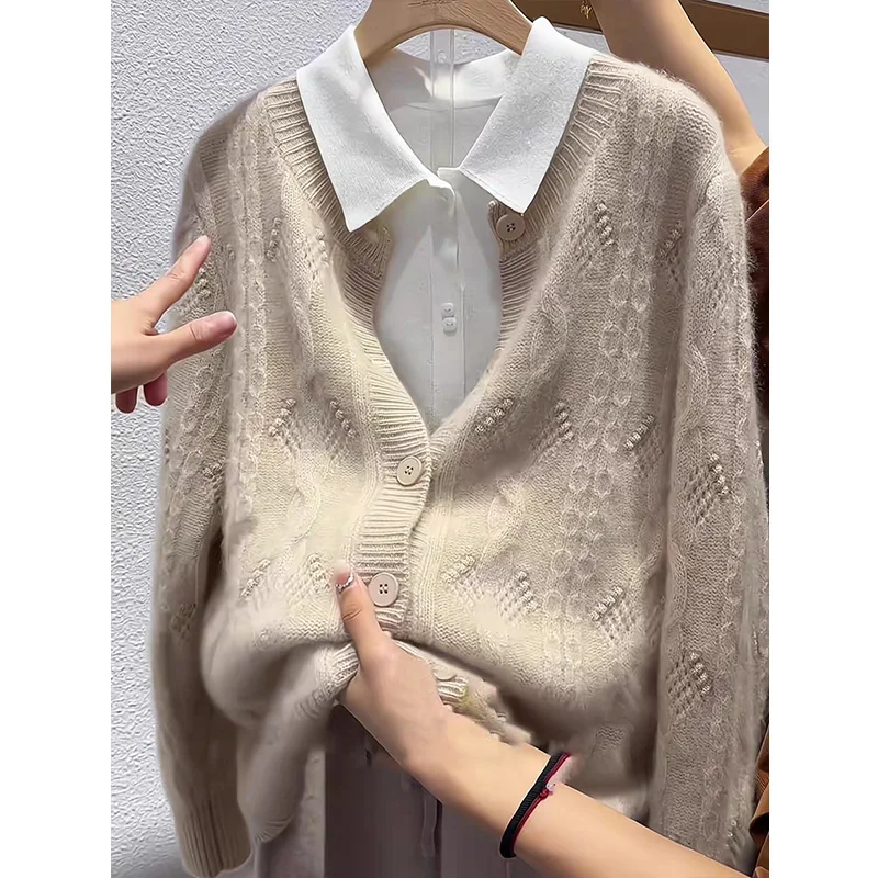 4-color new hollowed out cardigan women\'s O-neck sweater spring/summer long sleeved 100% pure wool women\'s sweater thin jacket