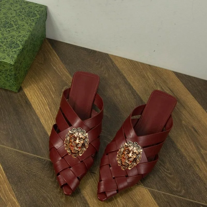 

New style of hollowed-out woven pointed-toe flip-flops, women's thick-heeled fashion flip-flops mulesT77