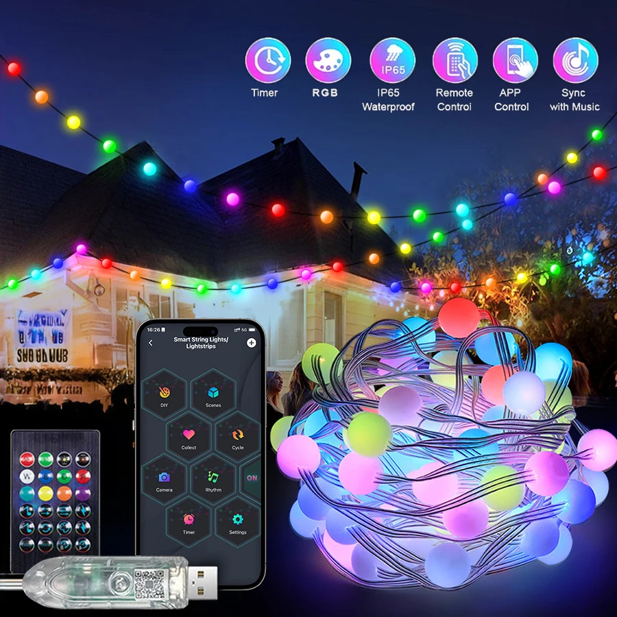 

СВЕТОДИОДНАЯ Гирлянда RGB для помещений, умное мерцающее рождественское освещение с дистанционным управлением и синхронизацией музыки, разные цвета, управление через приложение