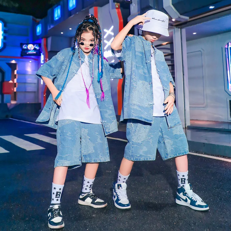 New Street Dance Kids Costume Denim Shirt Shorts T Shirt Boys Hip Hop Outfits Teen Girls Jazz Performance Clothes Summer Suits