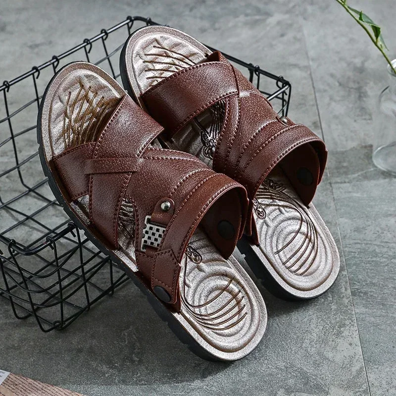 Size 45 Vintage PVC Sandals for Men, Dual Purpose Slippers Summer Imitation Leather Men's Sandals Middle-aged Beach Shoes