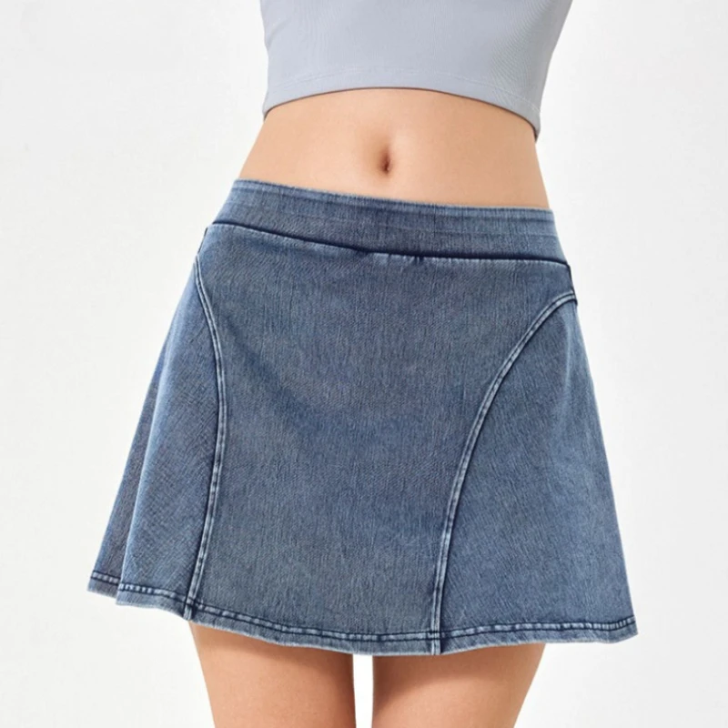 

Джинсовые юбки-шорты с высокой талией и А-образным силуэтом для женщин, 2 в 1, с карманами, для спорта, бега, тенниса, гольфа, дышащие, для тренировок в зале