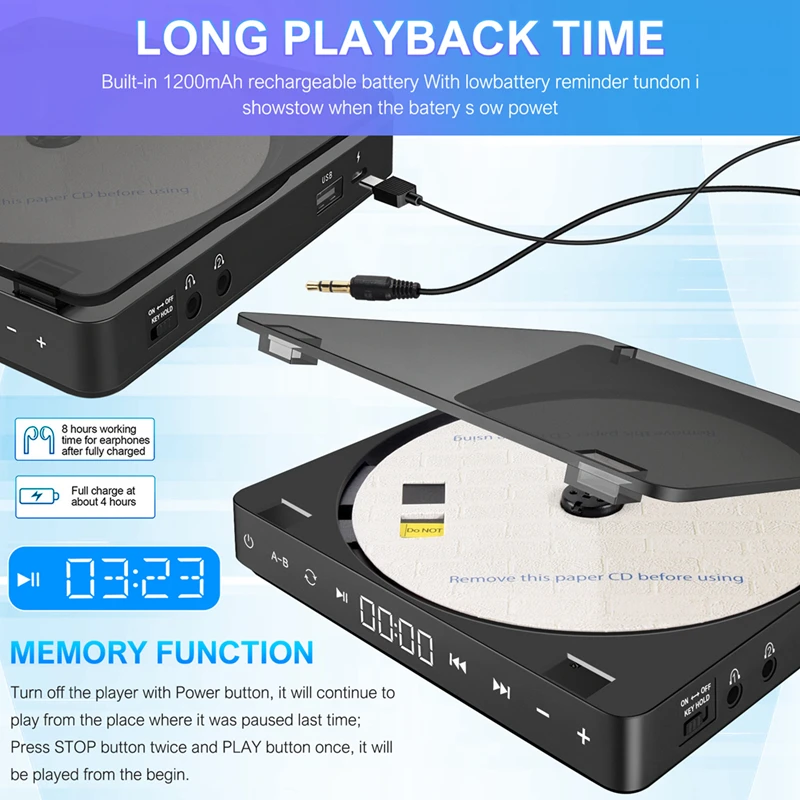 مشغل أقراص مضغوطة رياضي محمول مدمج، زر لمس، مشغل قرص قابل لإعادة الشحن، سماعات أقراص مضغوطة مزدوجة، سماعات أقراص مضغوطة وكمان