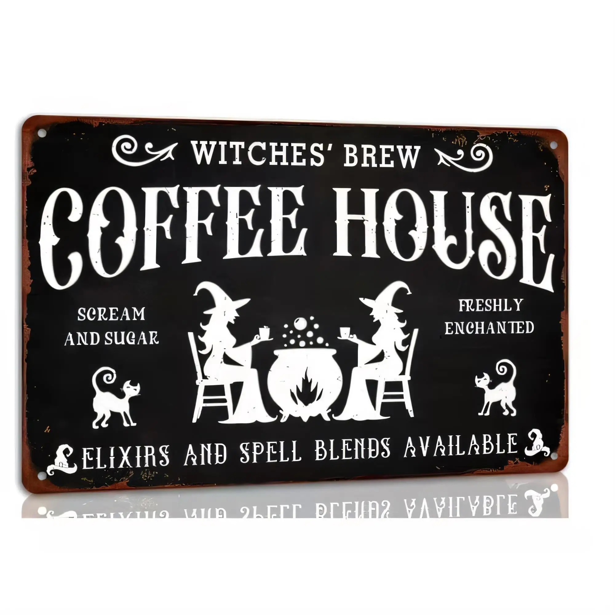 Tin Sign “Witches’ Brew Coffee House” Vintage Halloween Metal Wall Art Plaque, Black Cauldron Brew Theme Cute Typography, Retro