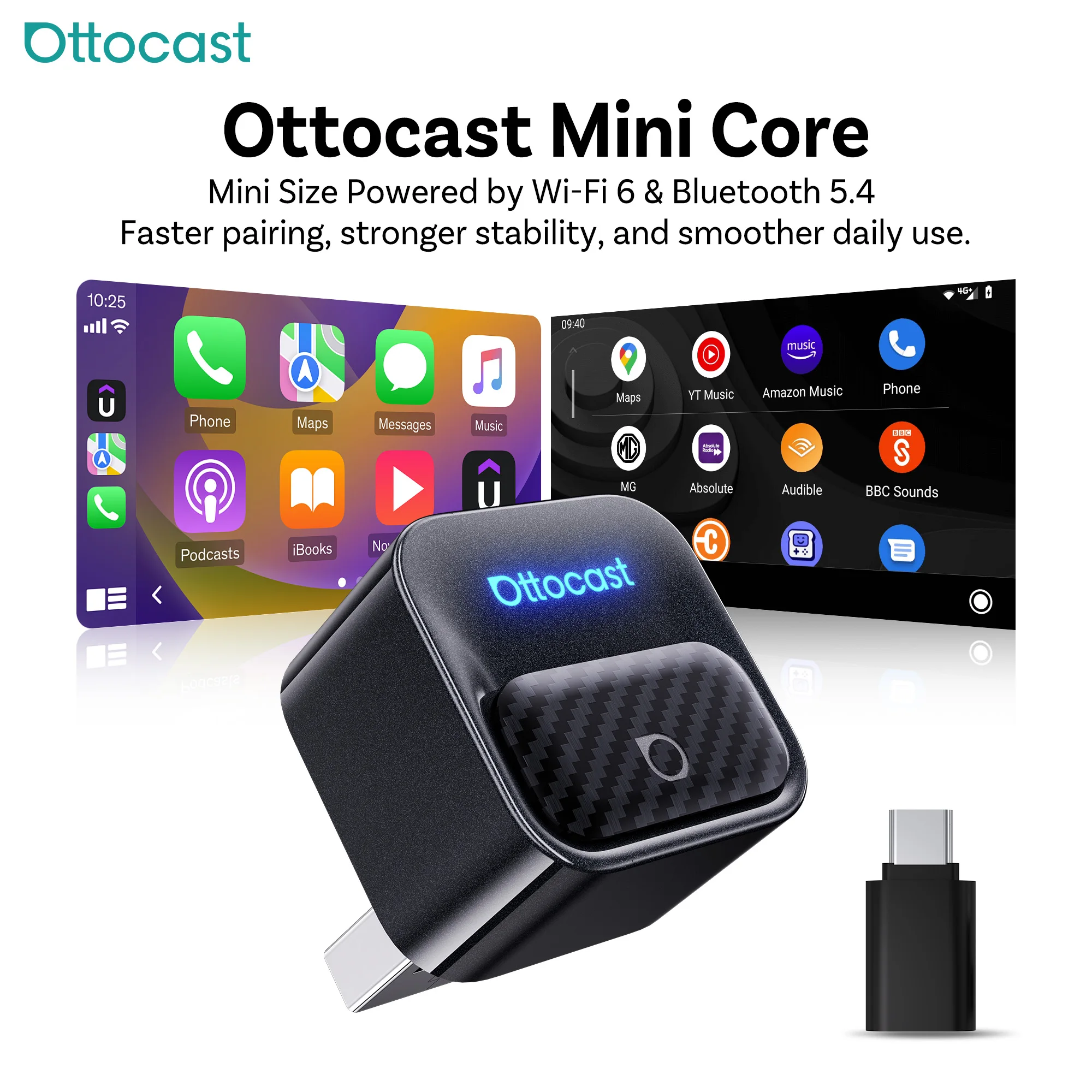 Adaptateur sans fil Ottocast Mini Core CarPlay et Android Auto, dongle filaire vers sans fil, connexion automatique rapide, Plug and Play, NOUVEAU