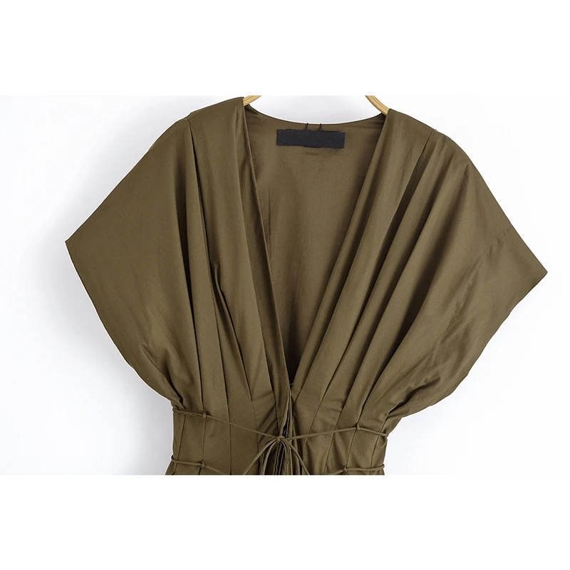 YENKYE レディース プリーツ Aライン ミディ丈ワンピース 半袖 Vネック ベルト付き サマードレス 2025 オフィスレディー 通勤 ストリート ワンピース