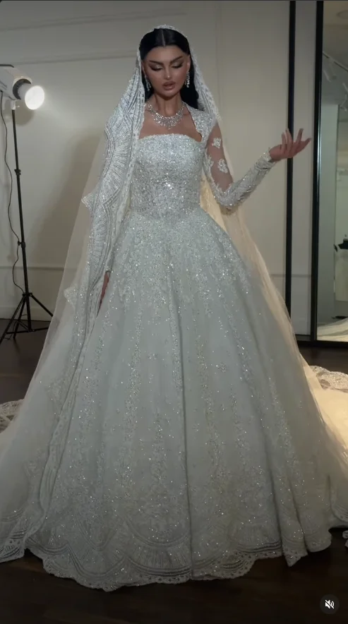 2026 Square Neck Illusion Long Sleeve Ball Gown Muslim Wedding Dress Glitter Lace Corset Bridal Gown Vestido De Novia Customized