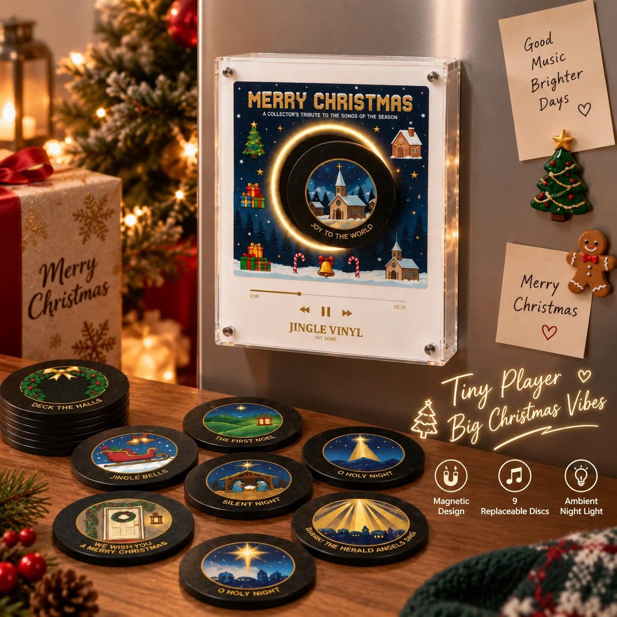 Christmas NFC Vinyl Record Player Fridge Magnet With 9 Replaceable Discs LED Light Touch Play Music Player Home Fridge Ornament
