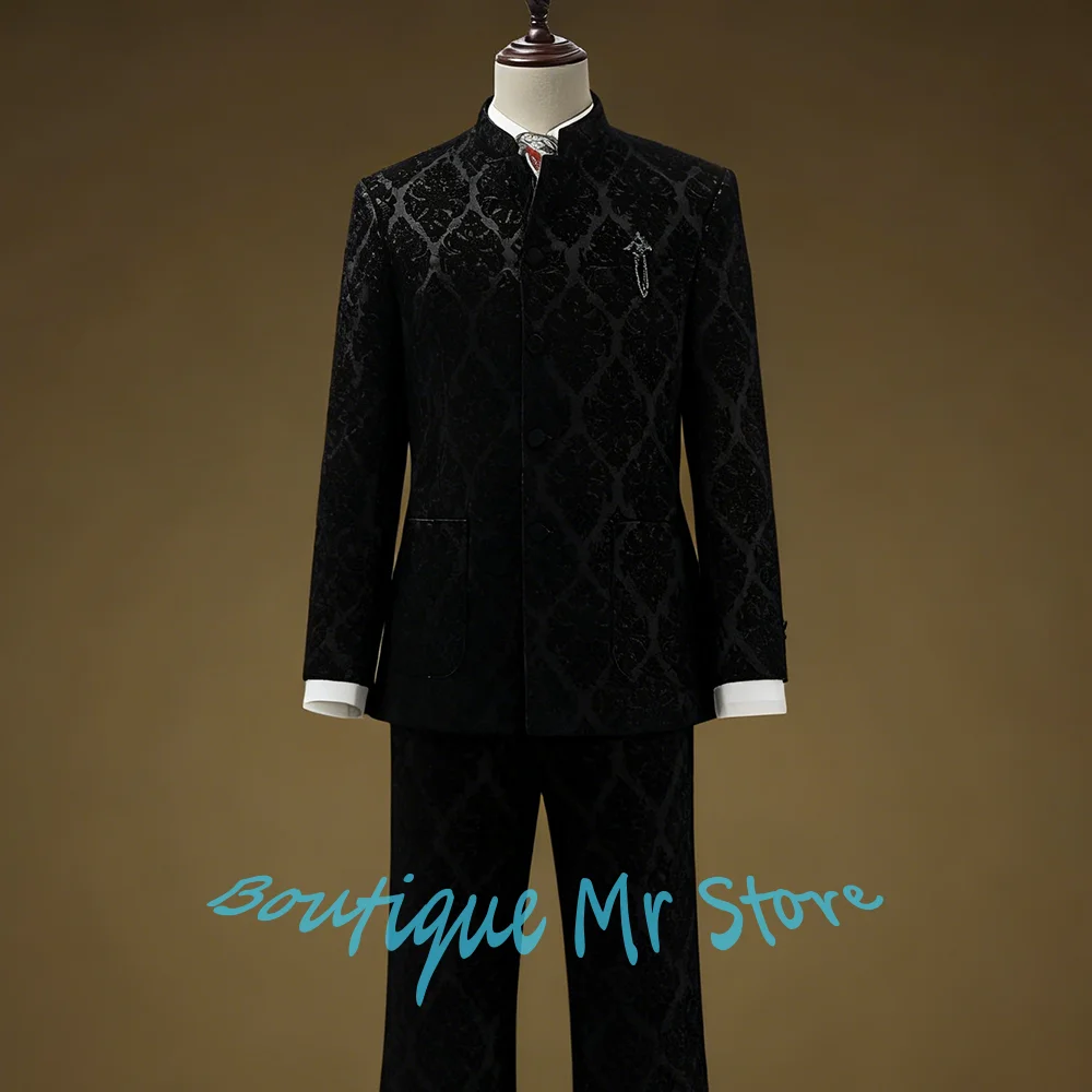 

Luxury Man Intricate Jacquard Jacket Pants Set Single Breasted Mandarin Collar Suit Elegant Formal Evening Party Attire