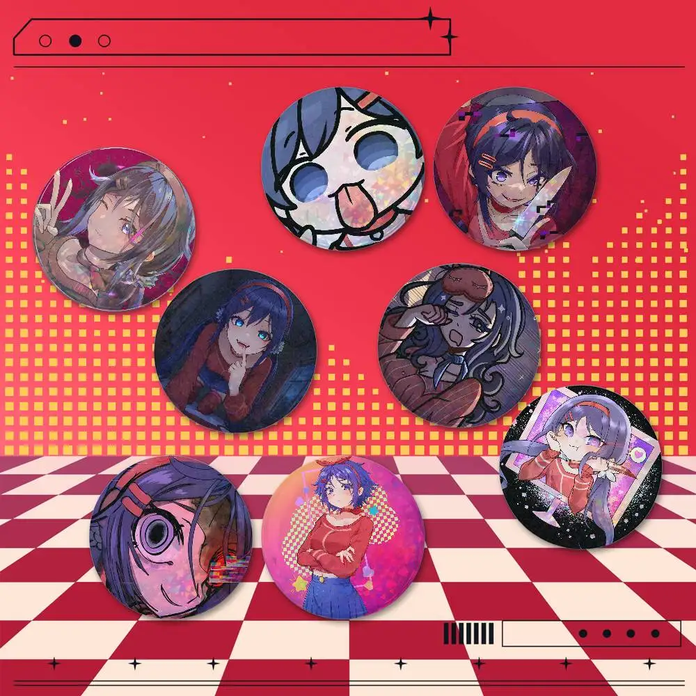 Miside Mita 2 Pieces Anime Holographic Badge Pins 25/32/44/58/75mm Round Brooches For Bag Backpack Hat Decor Collection Gifts
