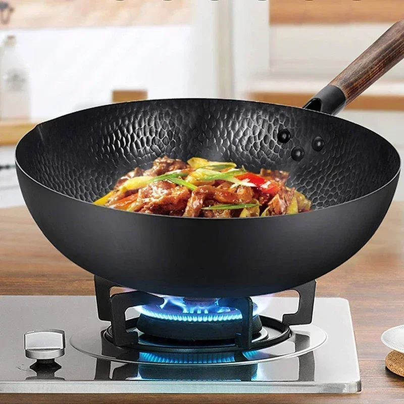 Imagem -06 - Tradicional Wok Aço Carbono Panela Antiaderente Panelas de Cozinha Mexa Frigideiras Tampa para Todos os Fogões Ferro 125