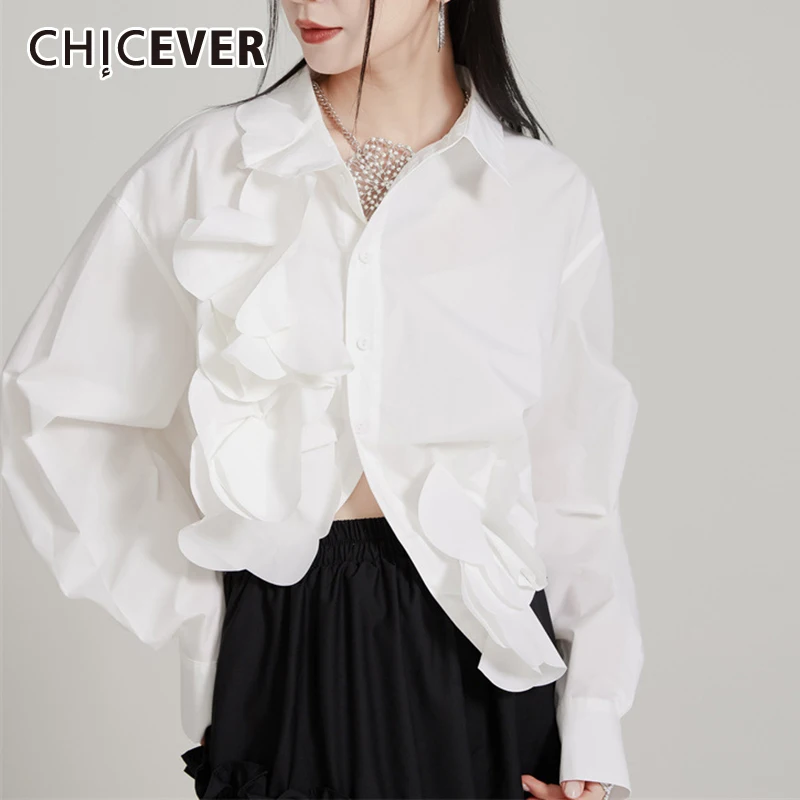 ChICEVER 그런지 스타일 셔츠 여성용 라펠 긴팔 리플 장식 스플라이스 싱글 브레스트 캐주얼 블라우스, 여성 의류, 신제품