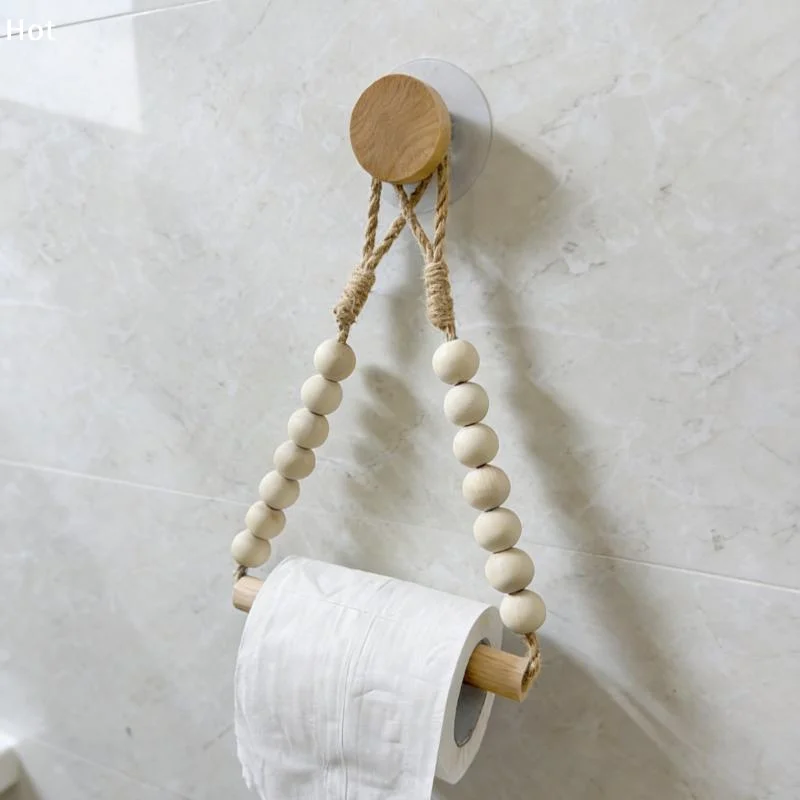 1Pcs Rustic Style Punch-Free Roll Paper Storage Rack With Hemp Rope Wooden Balls Adhesive Installation Toilet Paper Holder