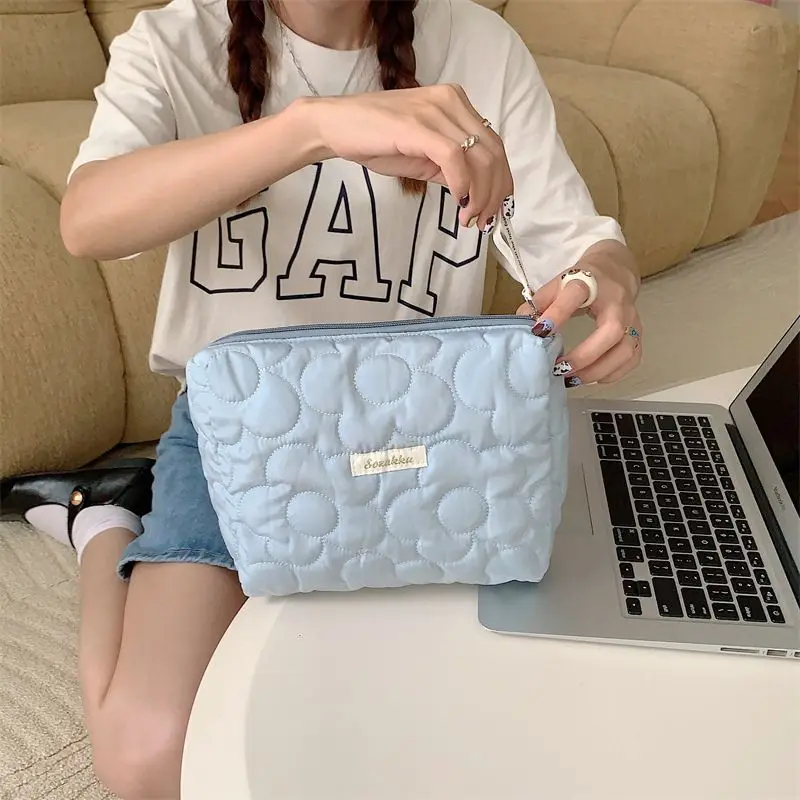 Cotton Quilting Cosmetic Bags for Women, Portable Flower Print Makeup Storage Case Clutch Handbag for Girls