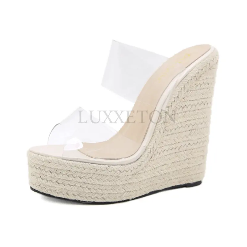 Summer PVC Transparent Peep Toe Cane Straw Weave Platform Wedges Slippers Sandals Women Fashion High Heels Female Shoes