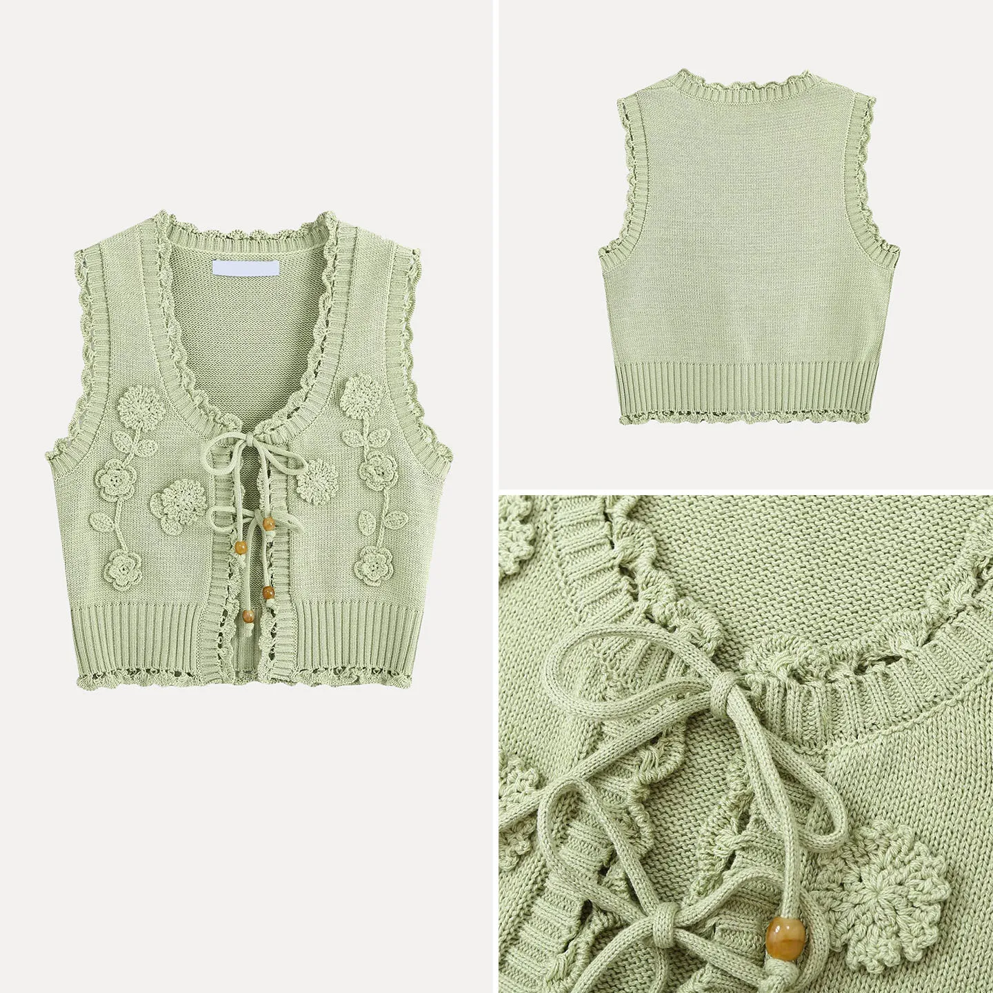 Fashionable Lace Trim U-Neck Tie Waist Sleeveless Knitted Open Cardigan Women's Autumn Wear ZADATA Brand Comfortable Fit Style