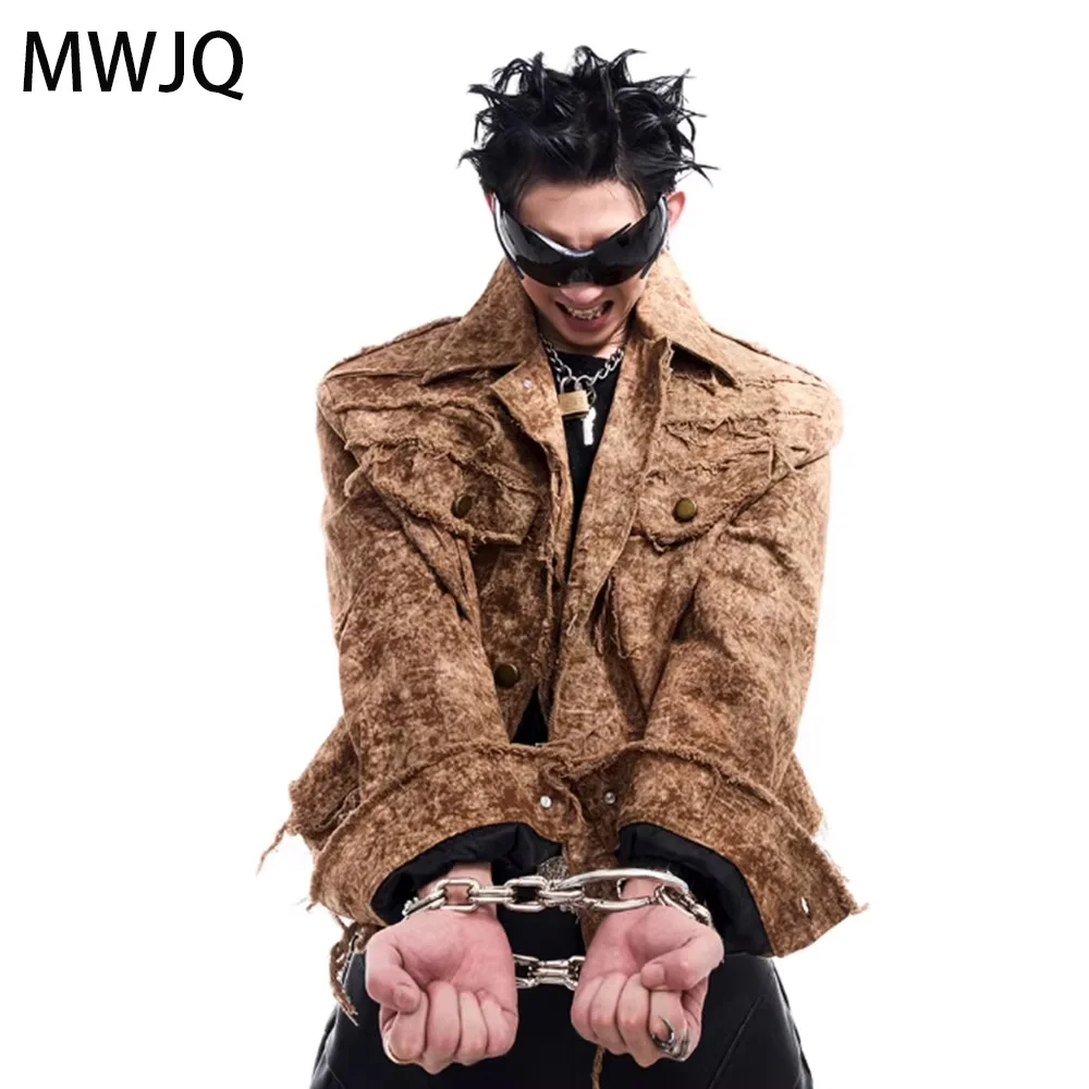 

MWJQ Rough Edge Destroy Design Trend Denim Jacket Male High Street Niche Design Lapel Single Breasted Men Spring New 010344