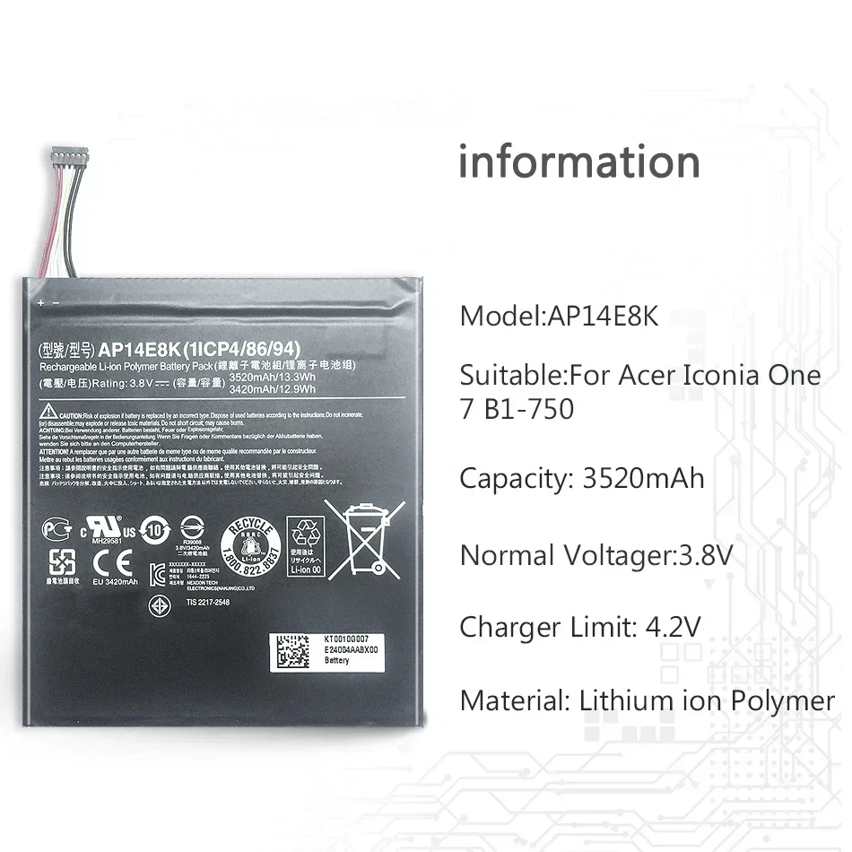 Portable Battery For Acer Iconia One 7 B1-750 Rechargeable Li-polymer Tab Replacement  AP14E8K 3520mAh Batteries