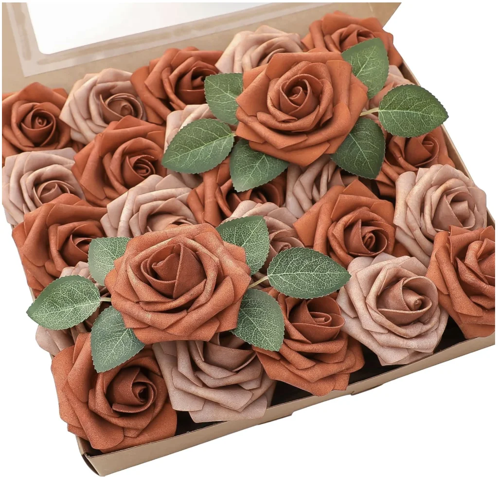 Artificial Flowers 25pcs Real Looking Burnt Orange Warm Taupe Foam Fake Roses with Stems for DIY Wedding Bouquets Bridal Shower