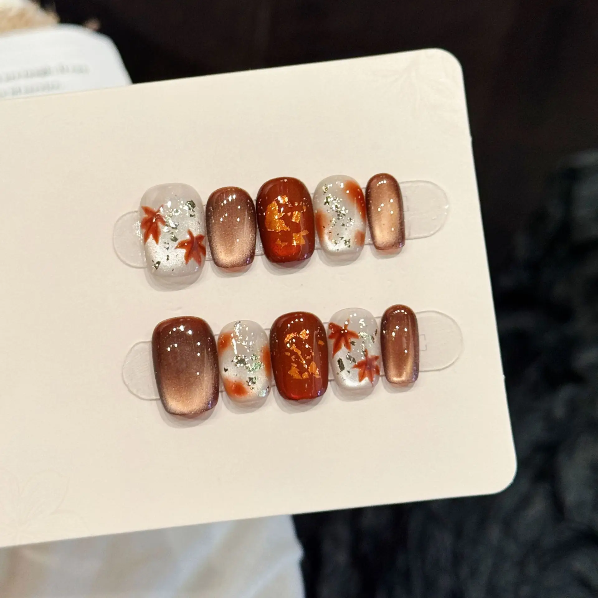 10 PCS Luxury Handmade Press on Nails Short Square Maple leaf Design with 4-PIECE Tool Adhesive Nail Glue Tabs