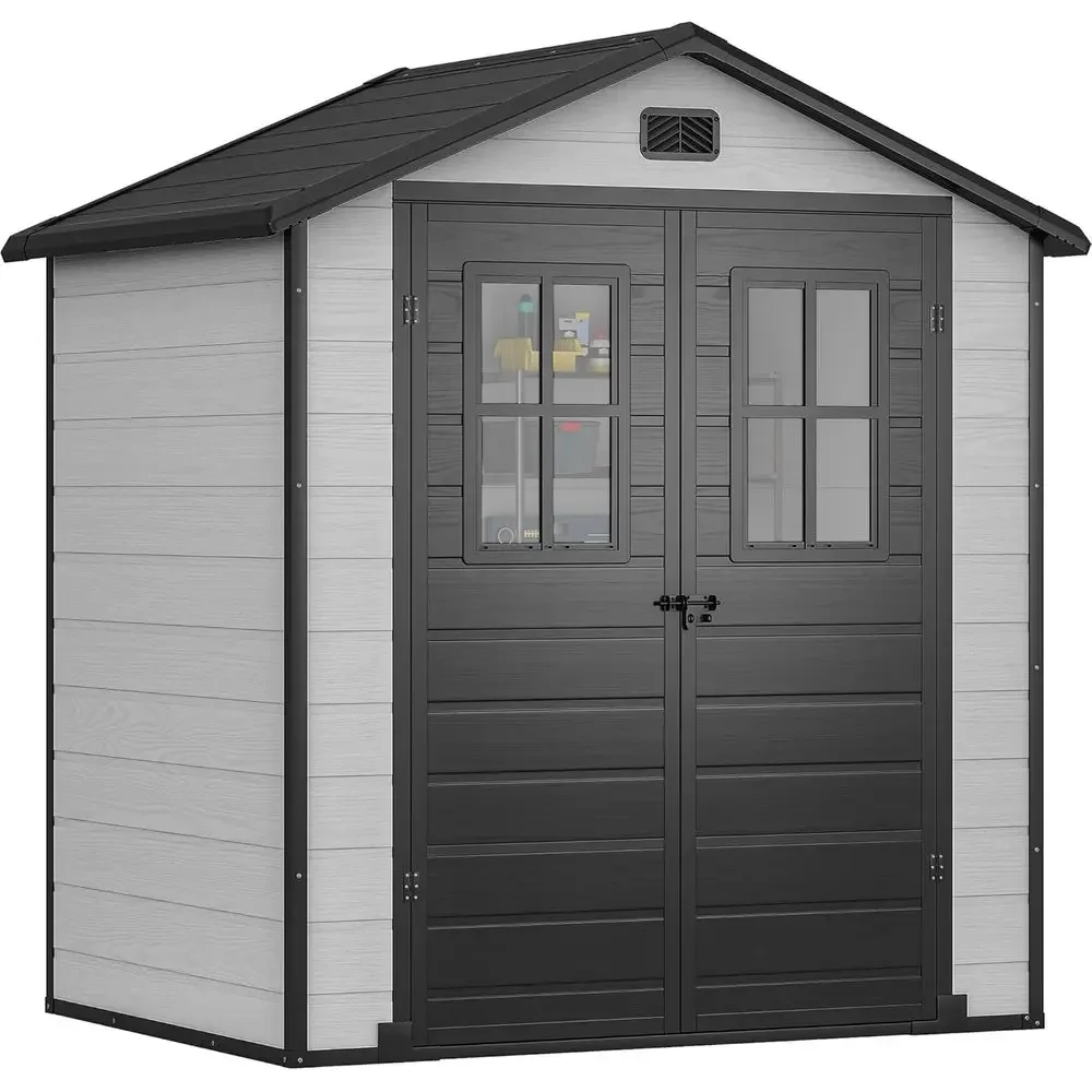 

Садовый пластиковый сарай 6x4.4 фута с 2 окнами, подходит для хранения садового инвентаря, газонокосилок и использования на террасе, запираемый, серый и черный
