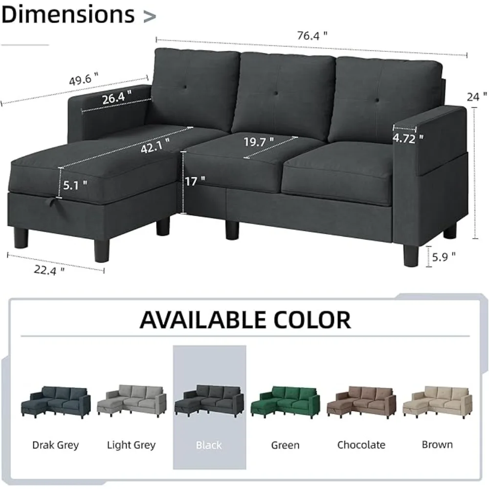 Modern Sofas for Living Room Black 3 Seat L-Shaped Couch With Storage Ottoman Sofa Bed 78'' Convertible Sectional Sofa Couch