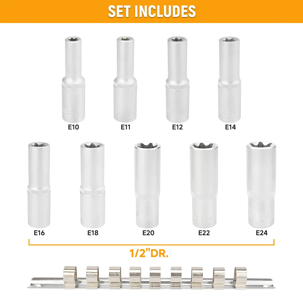 Hoteche 9 قطعة 1/2 "دكتور E نوع مقبس عميق 50Bv30 ، متعدد المواصفات E10-E24 مآخذ إصلاح السيارات لأداة ميكانيكي السيارة