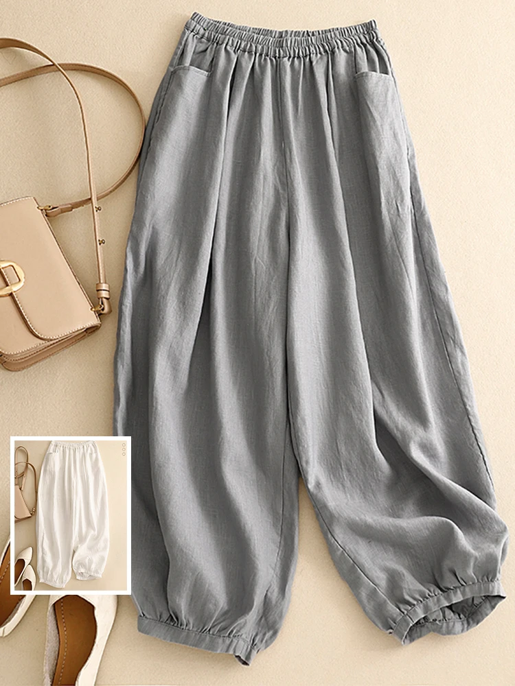 

Повседневные однотонные вертикальные льняные брюки с девятью точками, свободные женские хлопковые и льняные летние брюки с эластичной резинкой на талии