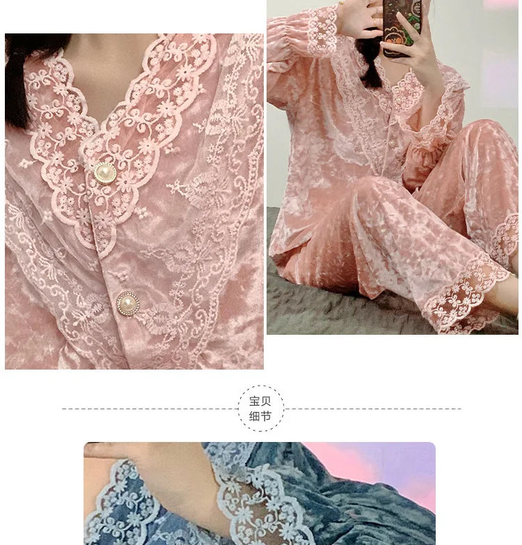 Fdfklak Korean Elegant Gold Velvet Pajamas For Women Sweet Lace Long Sleeve Sleepwear Set V Neck Spring Autumn Home Clothes