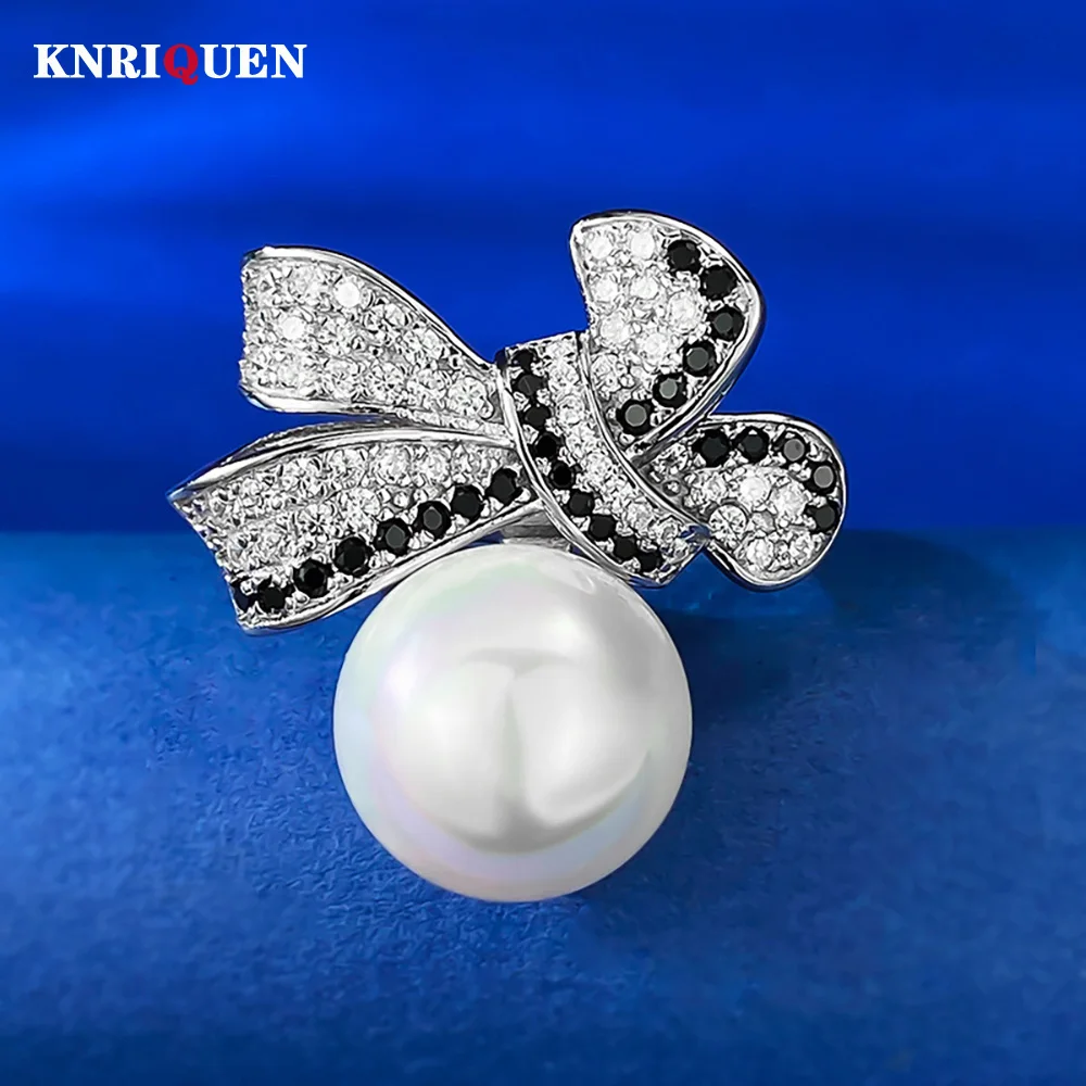 Luxury 100% Real 925 Solid Silver Round 12mm Pearl Bowknot Rings for Women Charms High Carbon Diamond Party Fine Jewelry Gifts