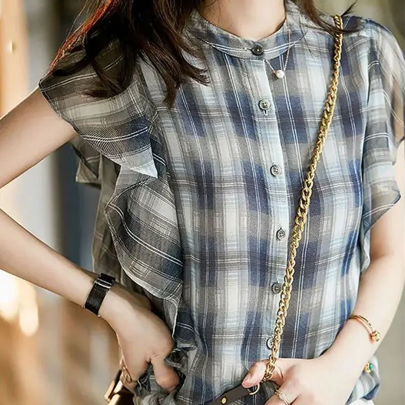 Office Lady Stylish Plaid Blouse Elegant Casual Ruffles Patchwork Summer New O-Neck Female Clothing Korean Single-breasted Shirt