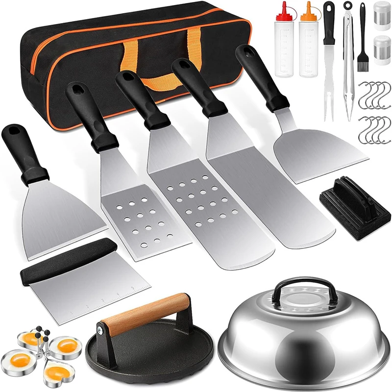 Griddle Accessories Kit Terlulu 29 PCS Flat Top Grill Accessories for Blackstone & Camp Chef Metal Spatula Set with Burger Press