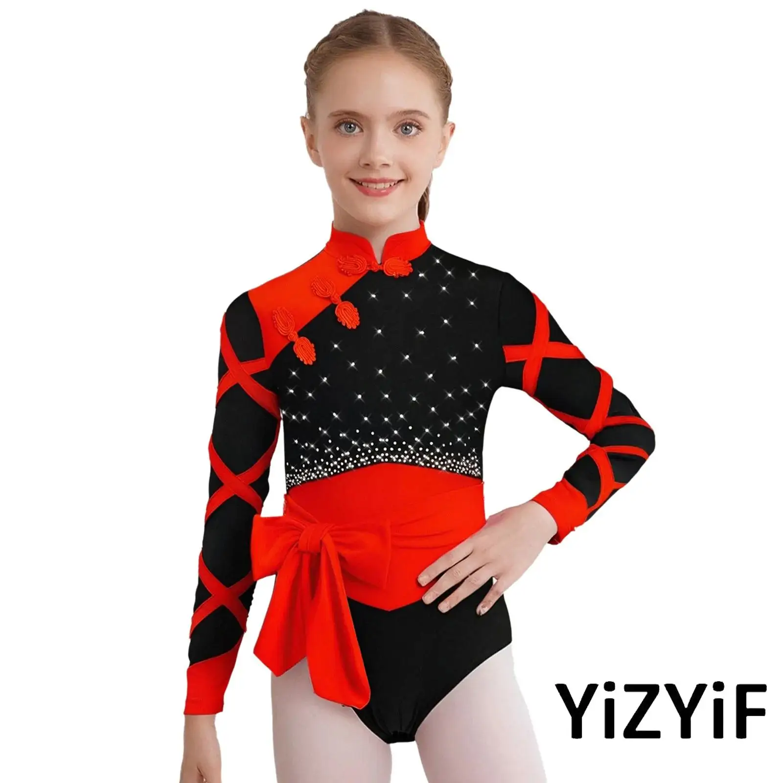 

Kids Girls Traditional Ballet Dance Outfit Long Sleeve Rhinestones Color Block Leotard+Belt+ Shorts Set for Moden Lyrical Dance