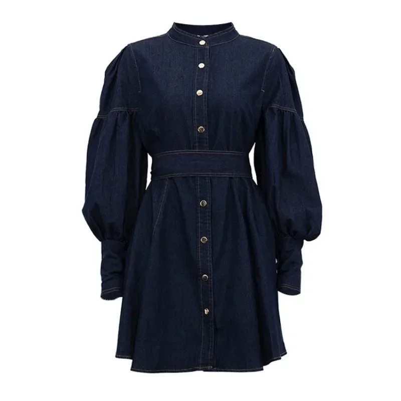Autumn Winter Y2K Chic Female Long Lantern Sleeve Single Breasted Lace Up Pleated Dress Elegant Women Corset Denim Shirt Dress