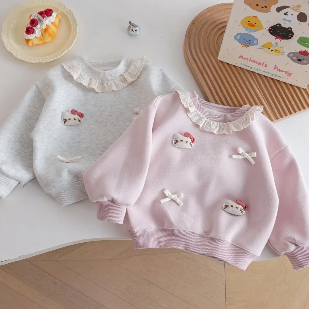 Sanrio Hello Kitty Girls Cotton Cartoon Sweatshirt New Lace Collar Top Cute Casual Korean Style Pullover Children's Clothing - view 4