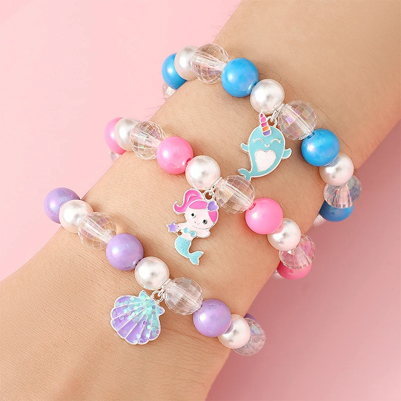 3Pcs/set Handmade Stretch Coloured Beaded Bracelets with Shell Mermaid Dolphin Charm for Women Girls Jewelry