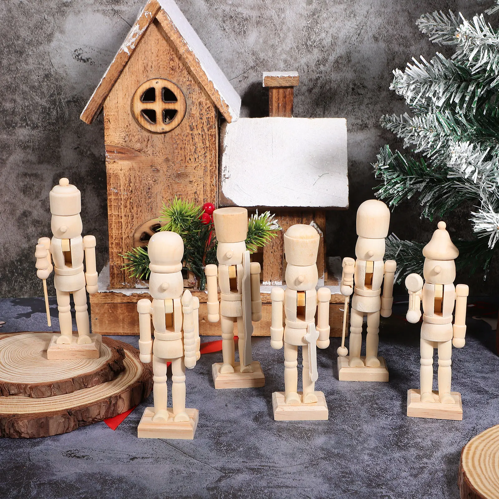 

6pcs Nutcracker naments Unpainted Wooden Christmas Decorations DIY Craft Smooth Surface Sturdy Base Desktop Model