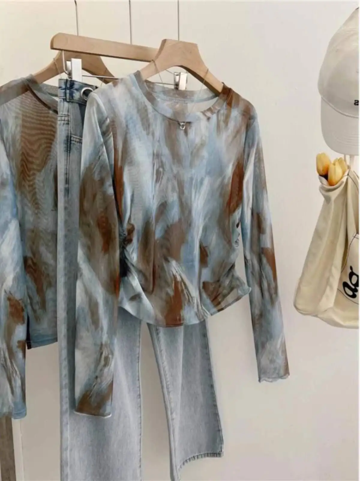 

2026 Summer New Women's Tie Dye Mesh Long Sleeve Top Sheer Slim Fit Sun Protection Blouse Korean Style Casual Tops